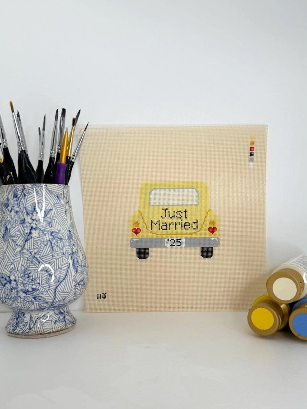 CUSTOM Just Married Car Needlepoint Canvas (18c)